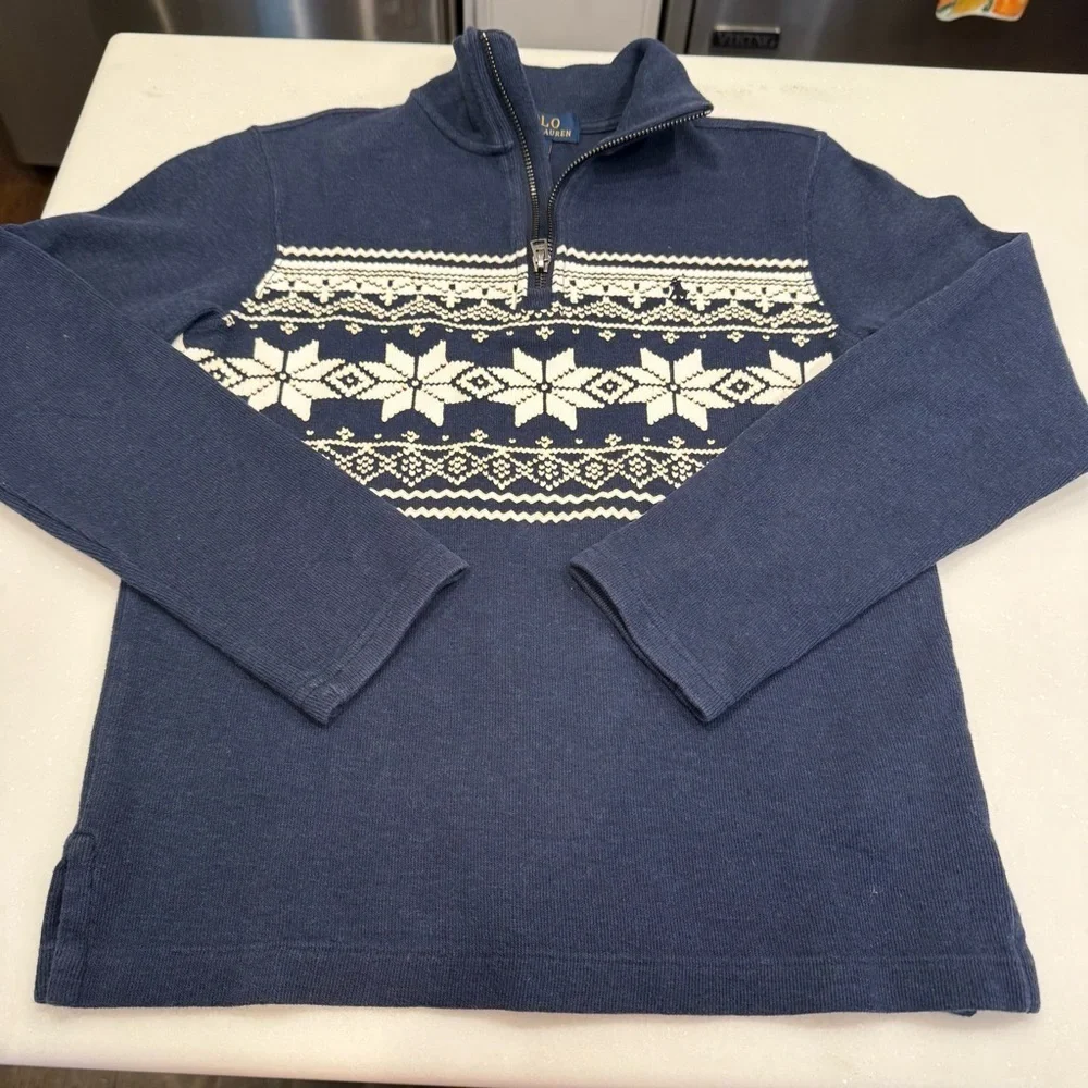 Ralph Lauren Boys 2 PCs Set Blue Snowflake 1/4 Zip Sweater & Plaid Shirt M 10-12